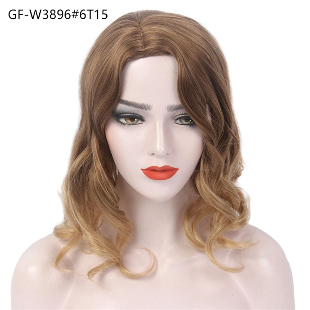 شعر مستعار أوروبي وأمريكي مائل بغطاء رأس كامل، شعر مستعار بطول الكتف باللون البني الذهبي، شعر نسائي مجعد