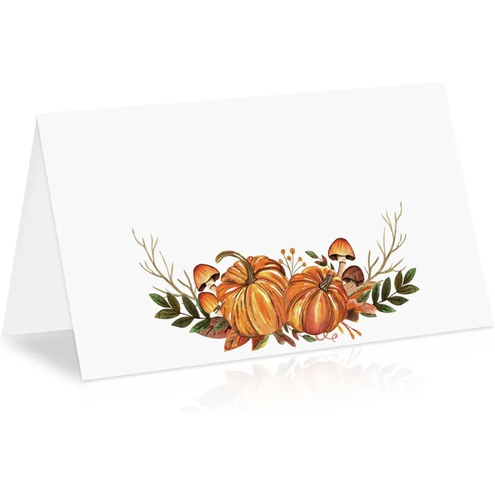 100Pcs Fall Place Cards 2 x 3.5 Inch Pumpkin Leaves Tented Cards Autumn Blank Table Name Sign for Thanksgiving Party Ban
