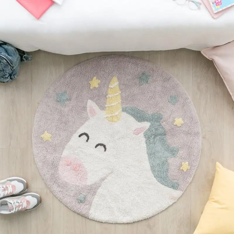 Round Soft Bedroom Rug For Kids Room Unicorn Fluffy Carpet Living Room Furry Baby Rug Plush Nursery Play MatRug Shaggy Foot Mats