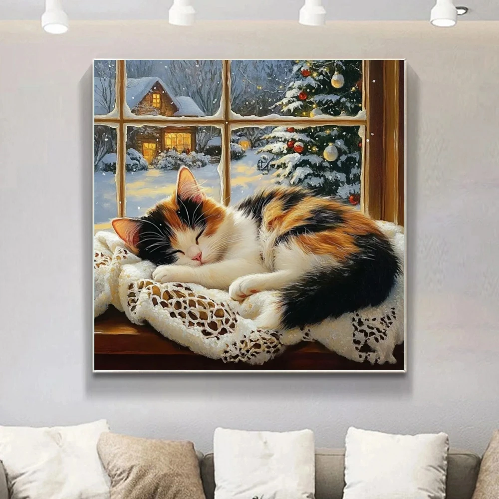 Round Drill Diamond Painting  Cute Sleeping Cat DIY Mosaic W