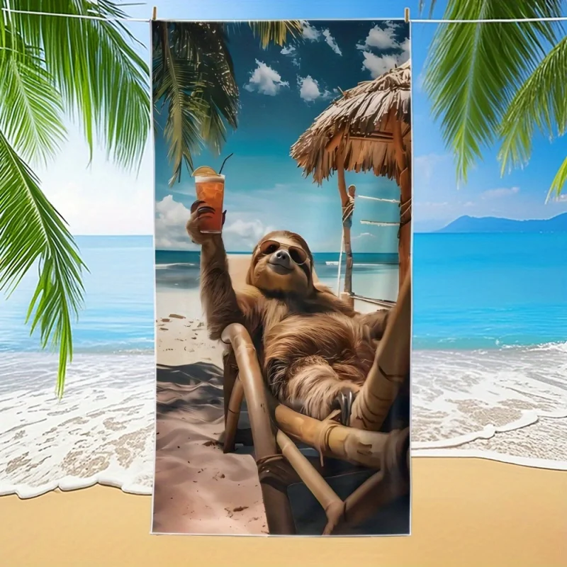 Cute Sunglasses Sloth Holding Cocktail Beach Towel Tropical Palm Tree Quick Dry Towel