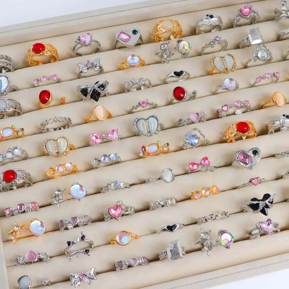 6/12/24/48/60/100Pieces Fashion Cat Eye Opal Rings Set For Women Mix Style Heart Open Adjustion Daily Jewelry Party Gifts