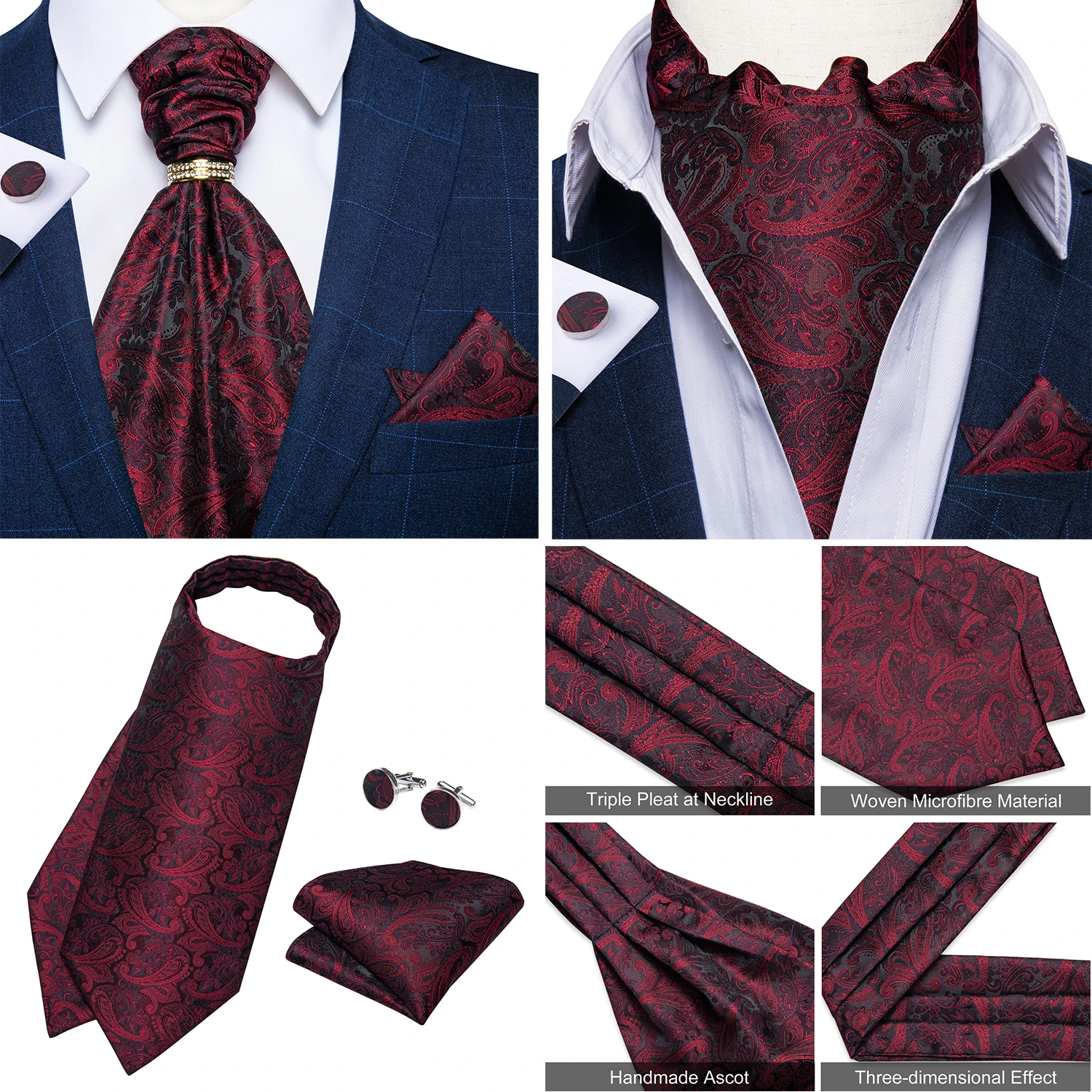 Luxury Men Green Blue Paisley Ascot Tie Set Solid Necktie Ring Wedding Party Cravat Purple Ties Pocket Sqaure Cufflink Free Ship