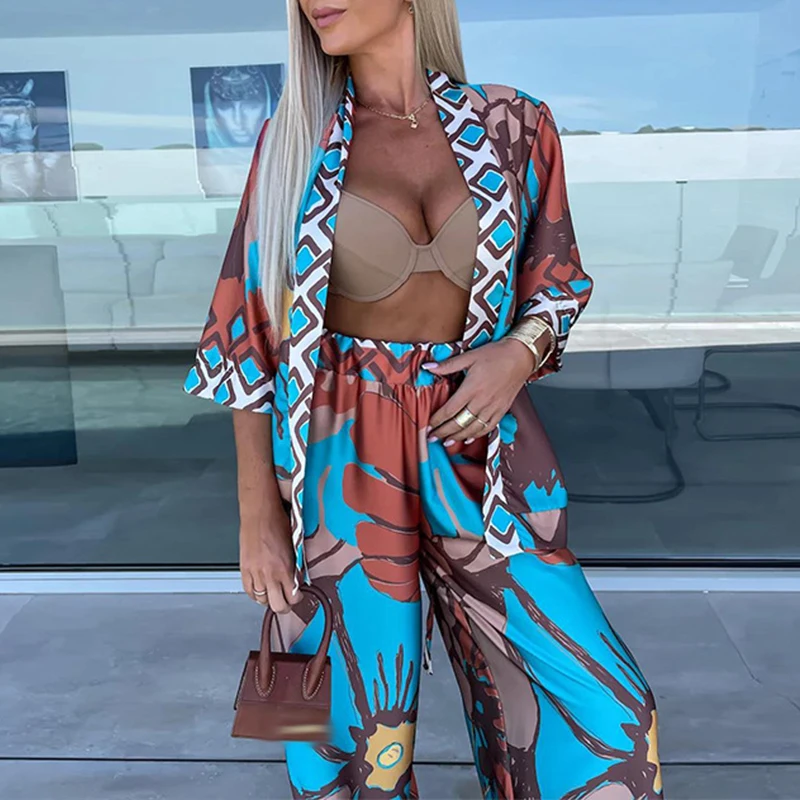 

Casual Loose Holiday Two Piece Sets Women's V-neck Cardigan Tops with Long Pants Suits 2024 Spring Vintage Printed Beach Outfits