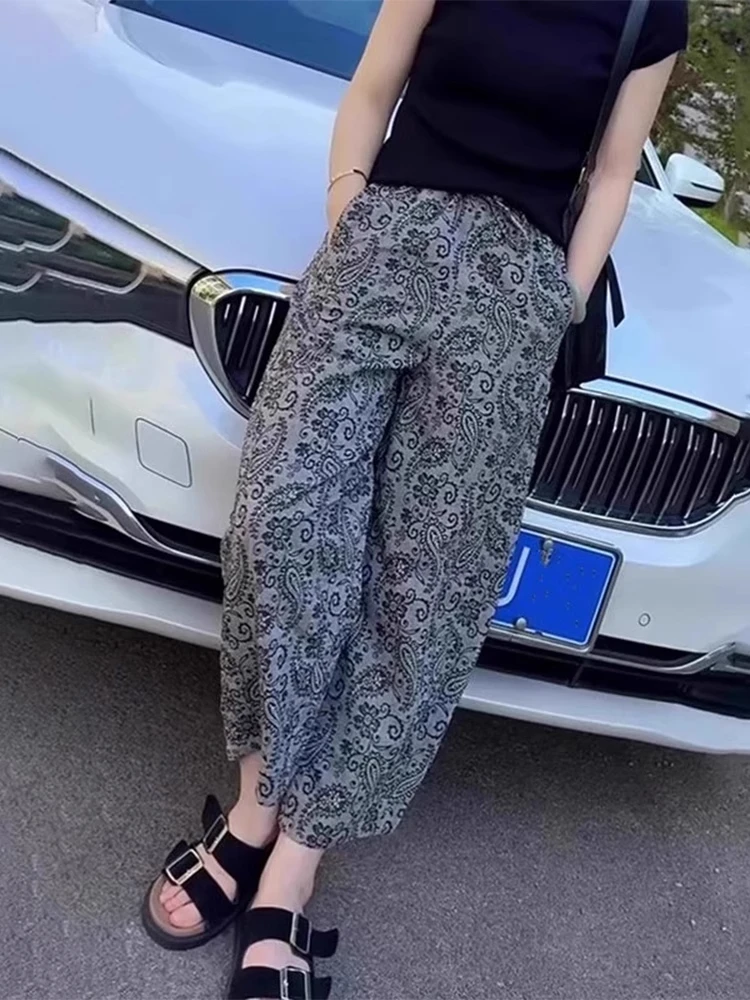 

Летние женские брюки больших размеров в стиле ретро с эластичным поясом и цветочным узором, свободные повседневные брюки для невысоких женщин