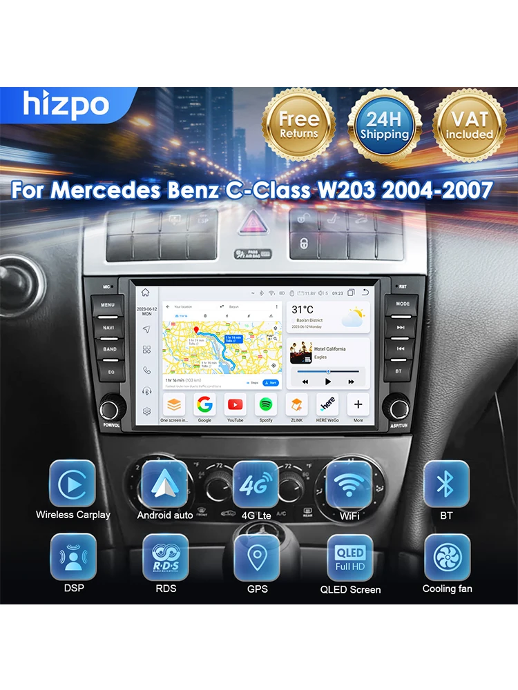 Hizpo 8-calowy radioodtwarzacz samochodowy z Android Auto i CarPlay do Mercedes Benz CLC W203 C-Class C180 C200 CLK200 CLK W209 Autoradio 4G-LTE Stereo — 2