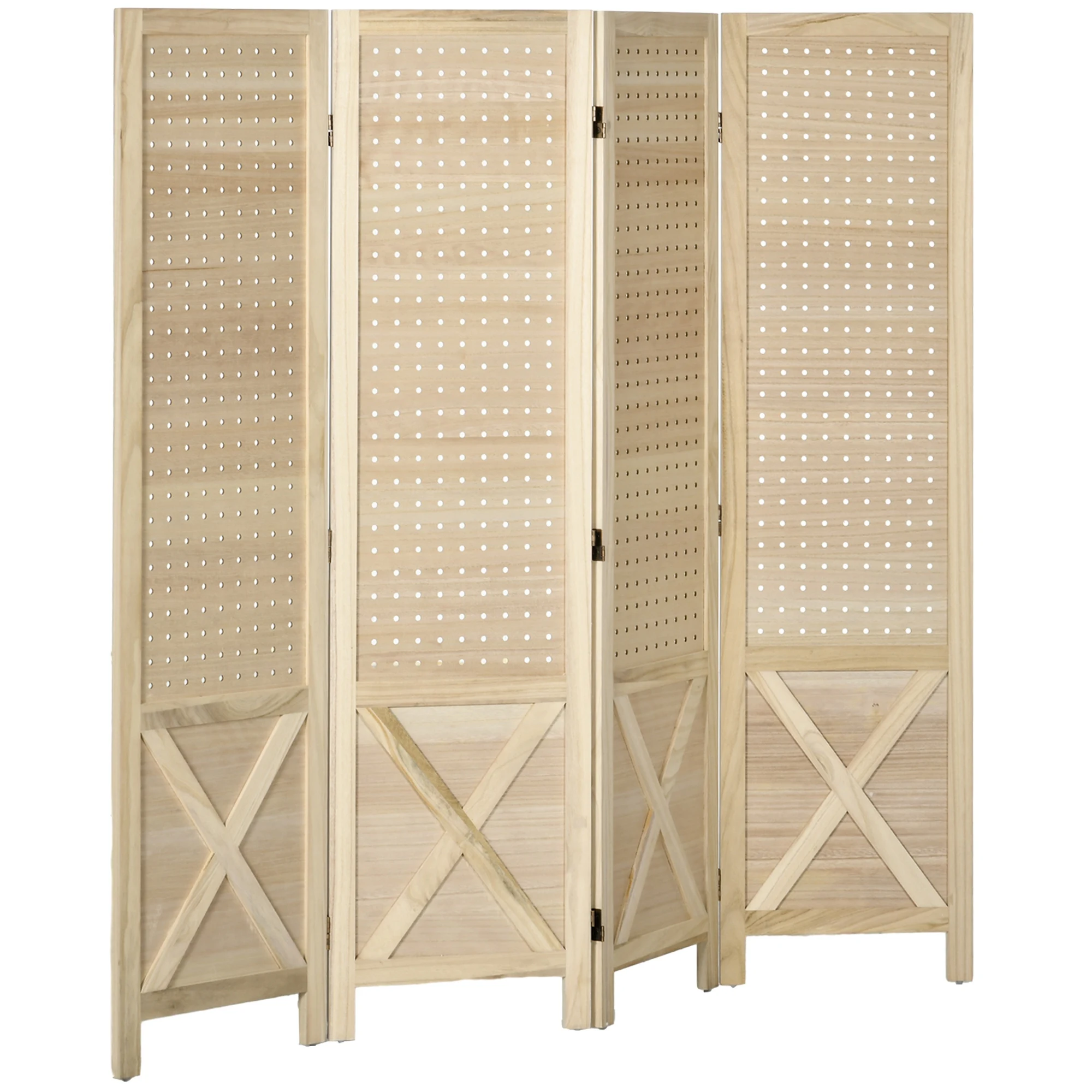 HOMCOM Biombo de 4 Paneles Separador de Ambientes Plegable 152x1,7x144,5 cm Divisor de Habitación de Madera con Pantalla de Privacidad Agujeros para Colgar para Oficina Dormitorio Salón Natural