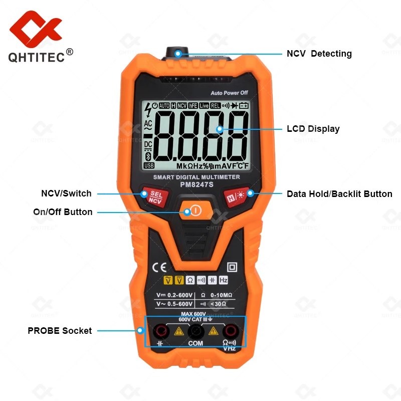 Интеллектуальный мультиметр QHTITEC PM8247S, Автоматический диапазон, профессиональный цифровой мультиметр Tster, инструмент для проверки напряжения NCV