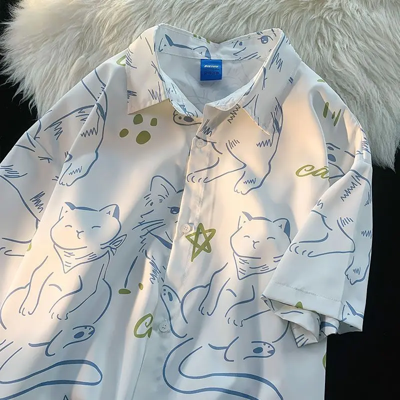 XEJ Summer Women Shirts 2023 Japanese Cityboy Fun Cartoon Cat Print Shirt Chic Woman Korean Style Blouse for Women Short Sleeve