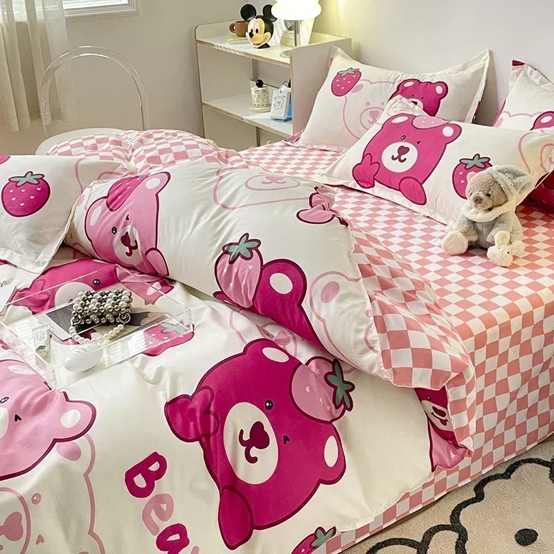 Fashion Cartoon Bedding Set Spring Duvet Cover Flat Sheet Pillowcase Cute Bear Home Textile Boys Girls Comforter Cover Bed Linen