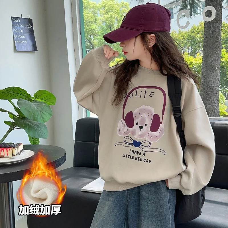 

Warm Girls Thick Sweatshirts Children Plus Velvet Pullover Kids Winter Casual Clothes Teenager Autumn Cartoon Sport Shirts 5-14Y