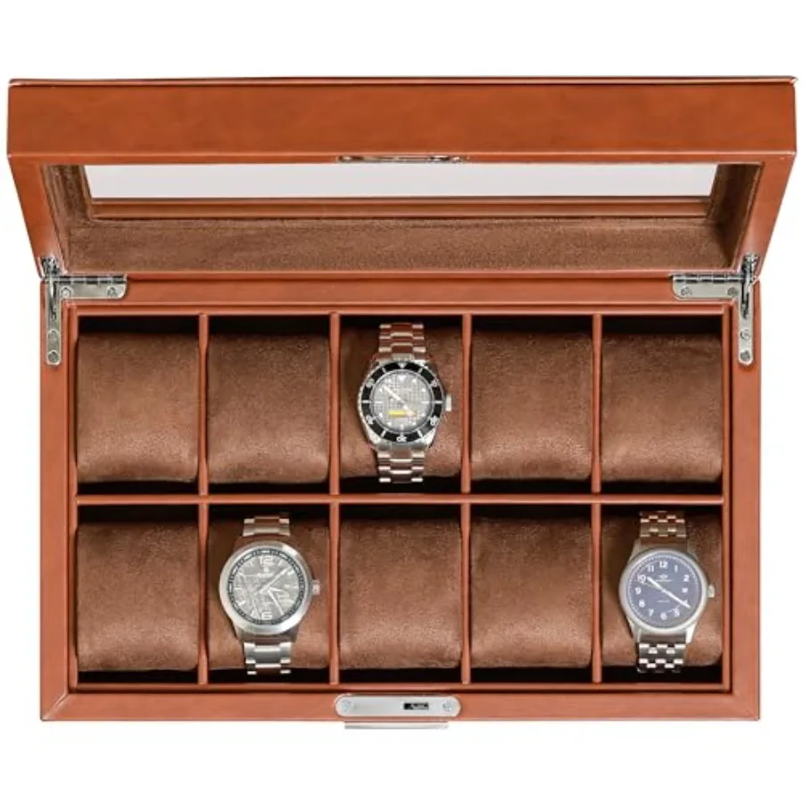 

10 Slot Leather Watch Box - Luxury Case Display Jewelry Organizer - Locking Watch Display Case Holder with Large Glass Top - Bo