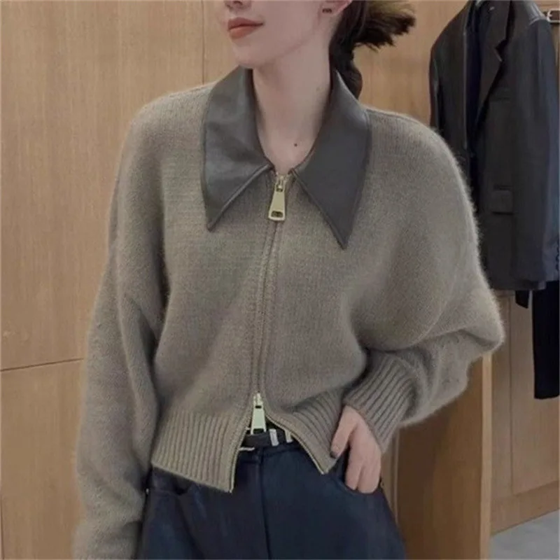 

Knit Cardigan Autumn New Women Soft POLO Collar Sweet Retro Twist Sweater Coat Double Zipper Outerwear Women's Long Sleeve Top