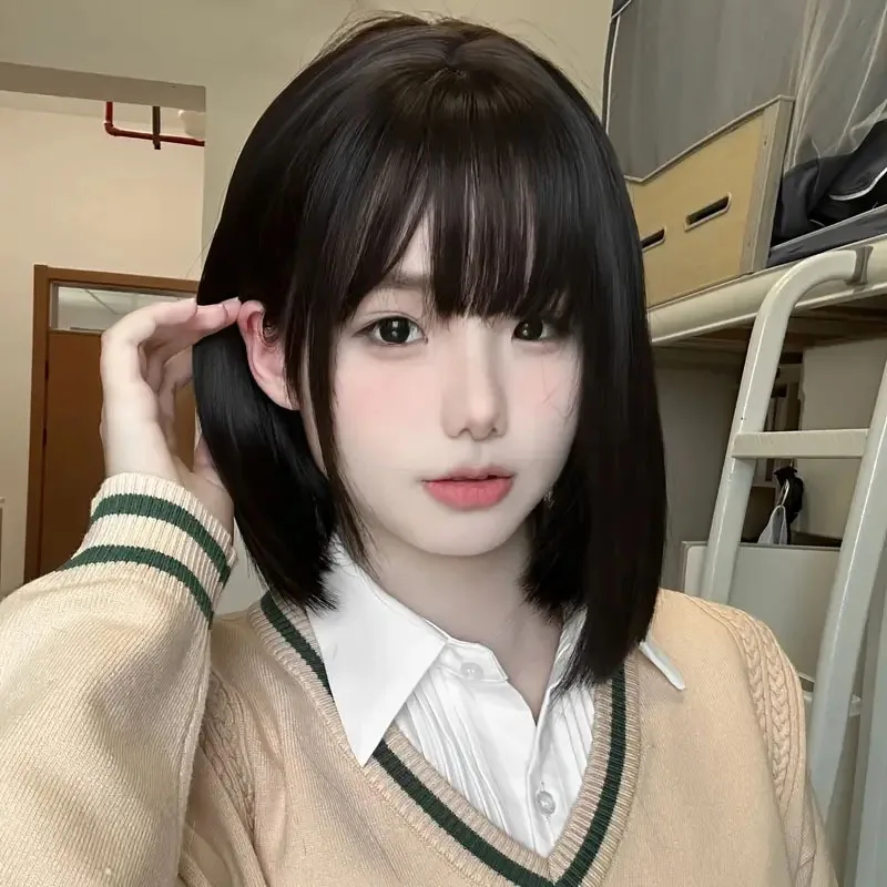 Black-brown Short Hair Wig With Air Bangs For A Natural Look Suitable For Round Faces In A Bob Style Full Head Coverage