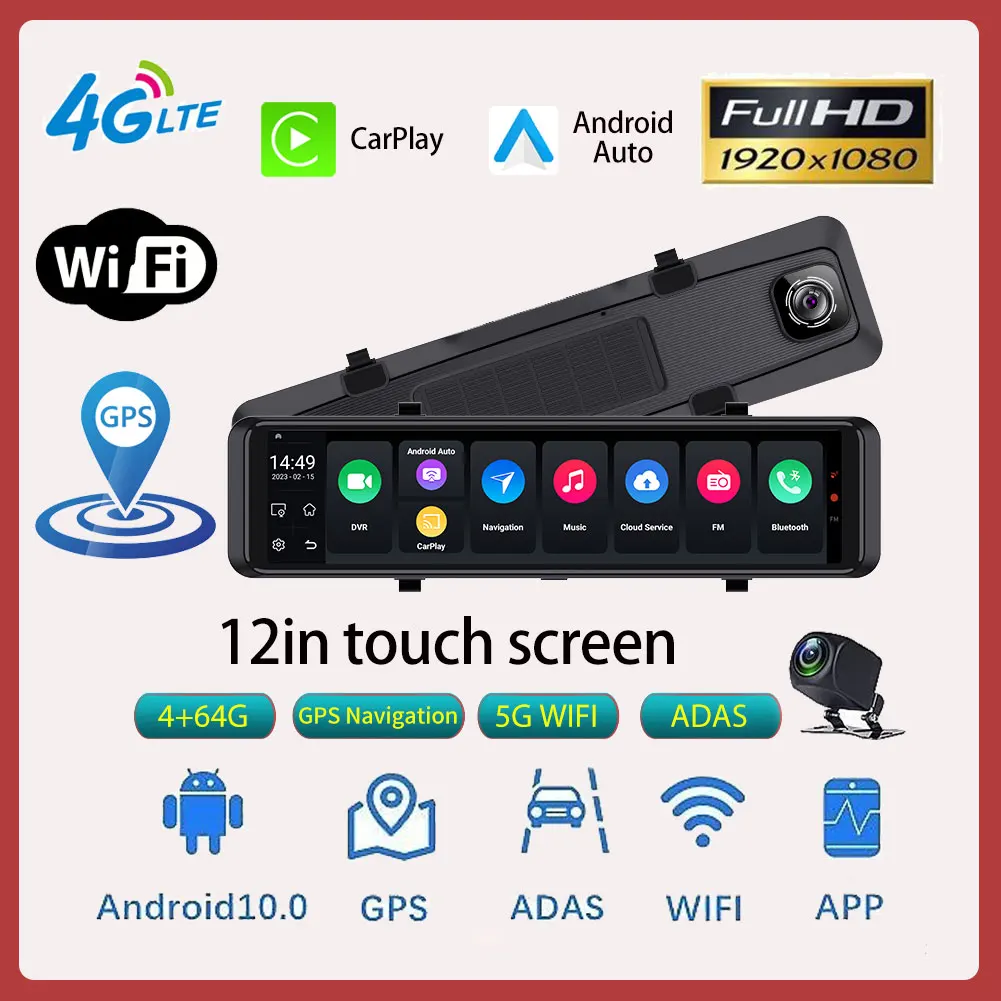 

Effort&BJ 12" Dash Cam 4G Rear View Mirror Camera Android Car DVR HD 1080P Video Recorder WiFi GPS ADAS Dual Lens Auto Registrar