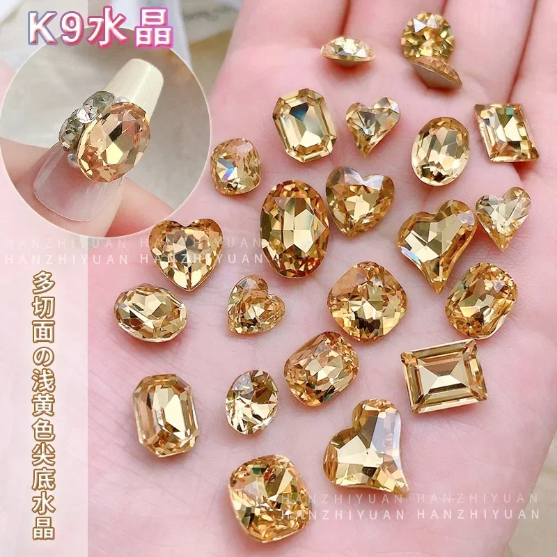 Flash Gele Puntige Bodem Kristal Boor Hart Vierkant Strass Sieraden Nail Art Decoratie Manicure Diy Accessoires Groothandel