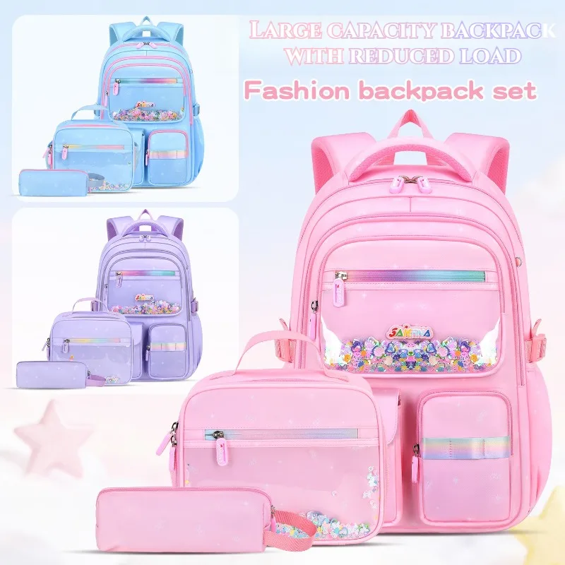 Fashion Casual Backpack Suit Primary Students School Bag Lunch Bag Pencil Case 3pcs Girls Cute Rucksack Large Light Book Bag Set