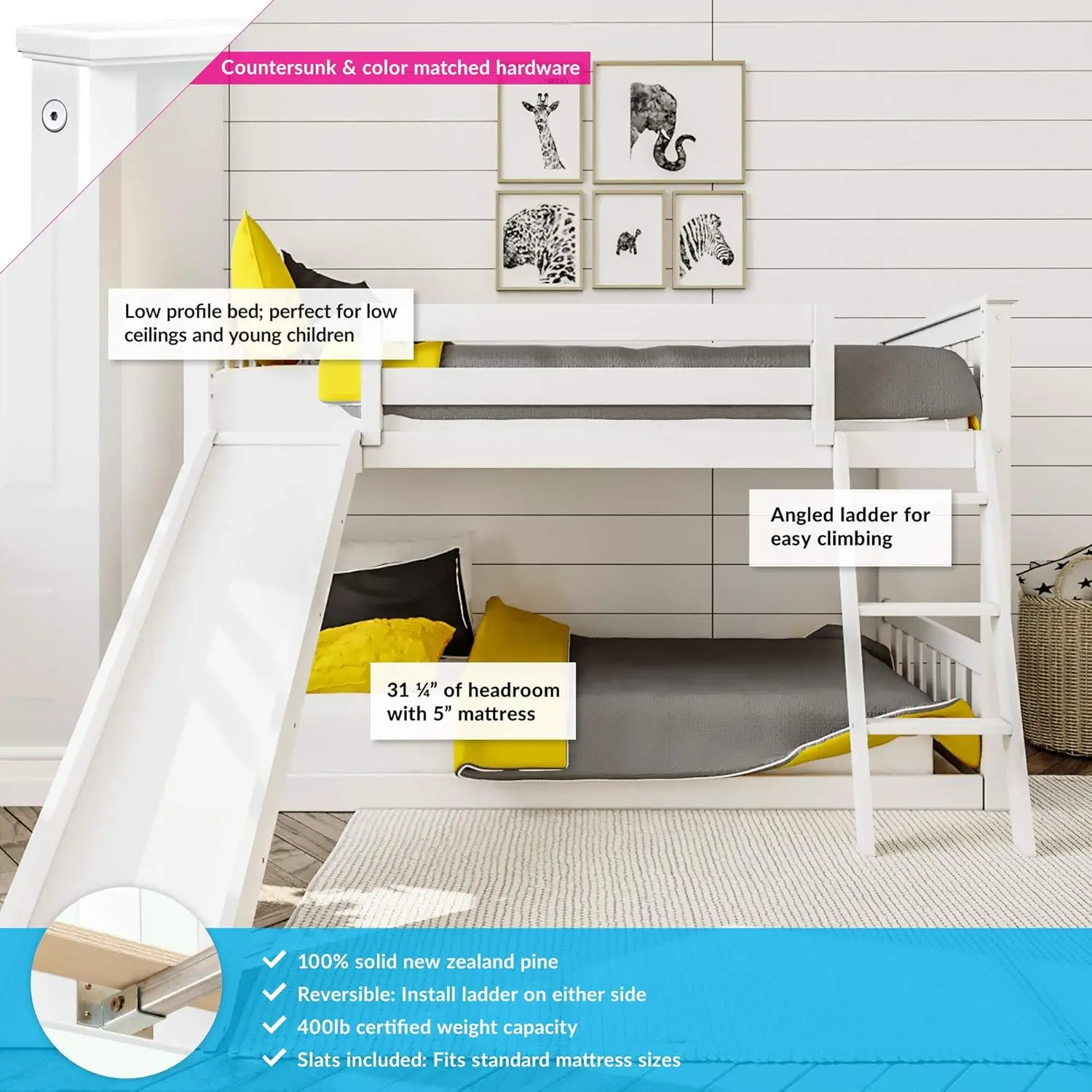 Twin Over Twin Low Bunk with Slide and Ladder, Wooden Bunk beds with 14” Safety Guardrail for Kids, ToddlersBoys, Girls, White