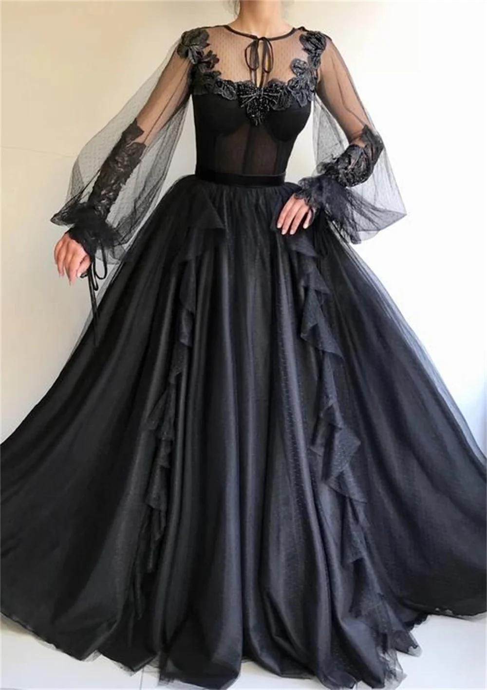 Amanda Black Tulle vestidos de noche Lace Embroidery Prom Dresses Elegant Long Sleeves Floor-Length A-line Formal Evening 2024