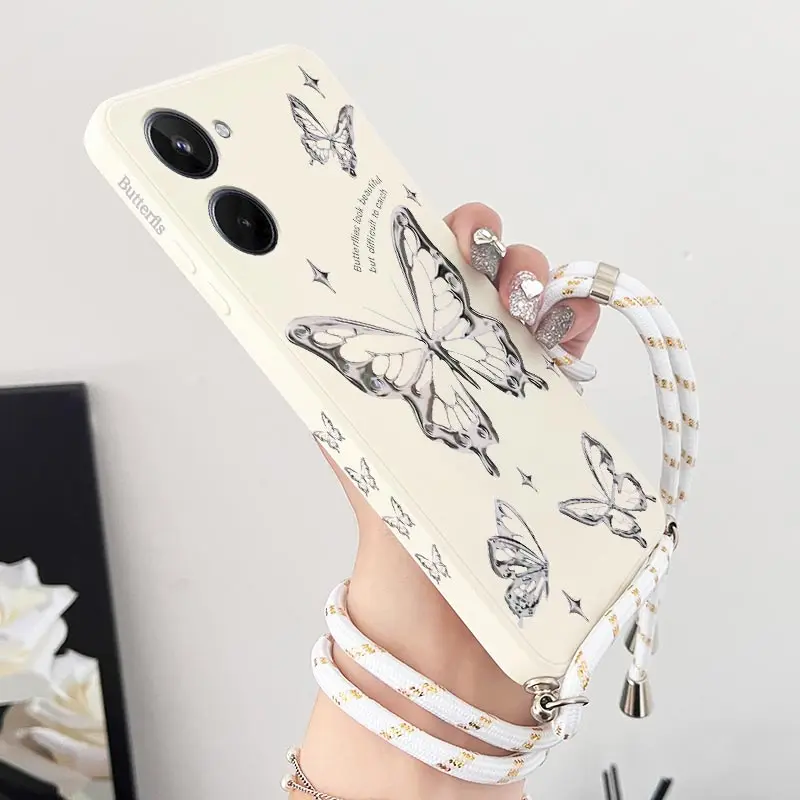 10 Silver Butterfly Lanyard Silicone Phone Case For Realme 10 10Pro 9 8Pro 10ProPlus 12 12X 10T 9Pro C65 C55 C53 C67 C25 Cover