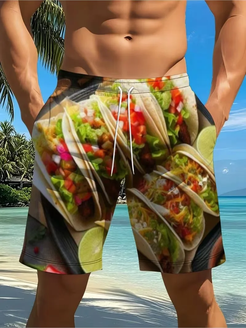 Taco Hamburger Pattern Beach Shorts For Men Beach Shorts 3d Printed Vegetable Graphic Surfing Board Sports Swimming Shorts 2026