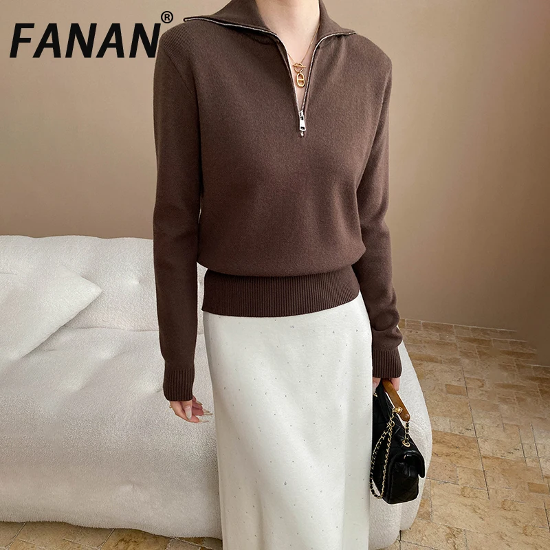 

FANAN минималистичный шерстяной вязаный пуловер, свитер для женщин, водолазка с половиной молнии, топы с длинными рукавами, новинка зимы 2023 г.