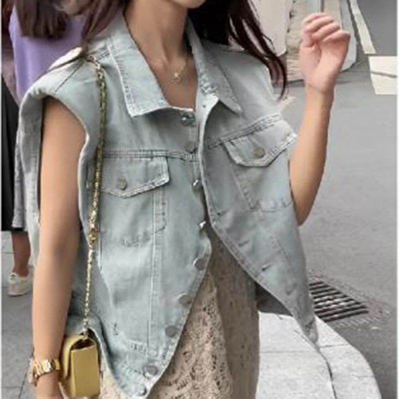 

Sleeveless vest short denim jacket for women's spring and summer loose polo collar work jacket trend coats