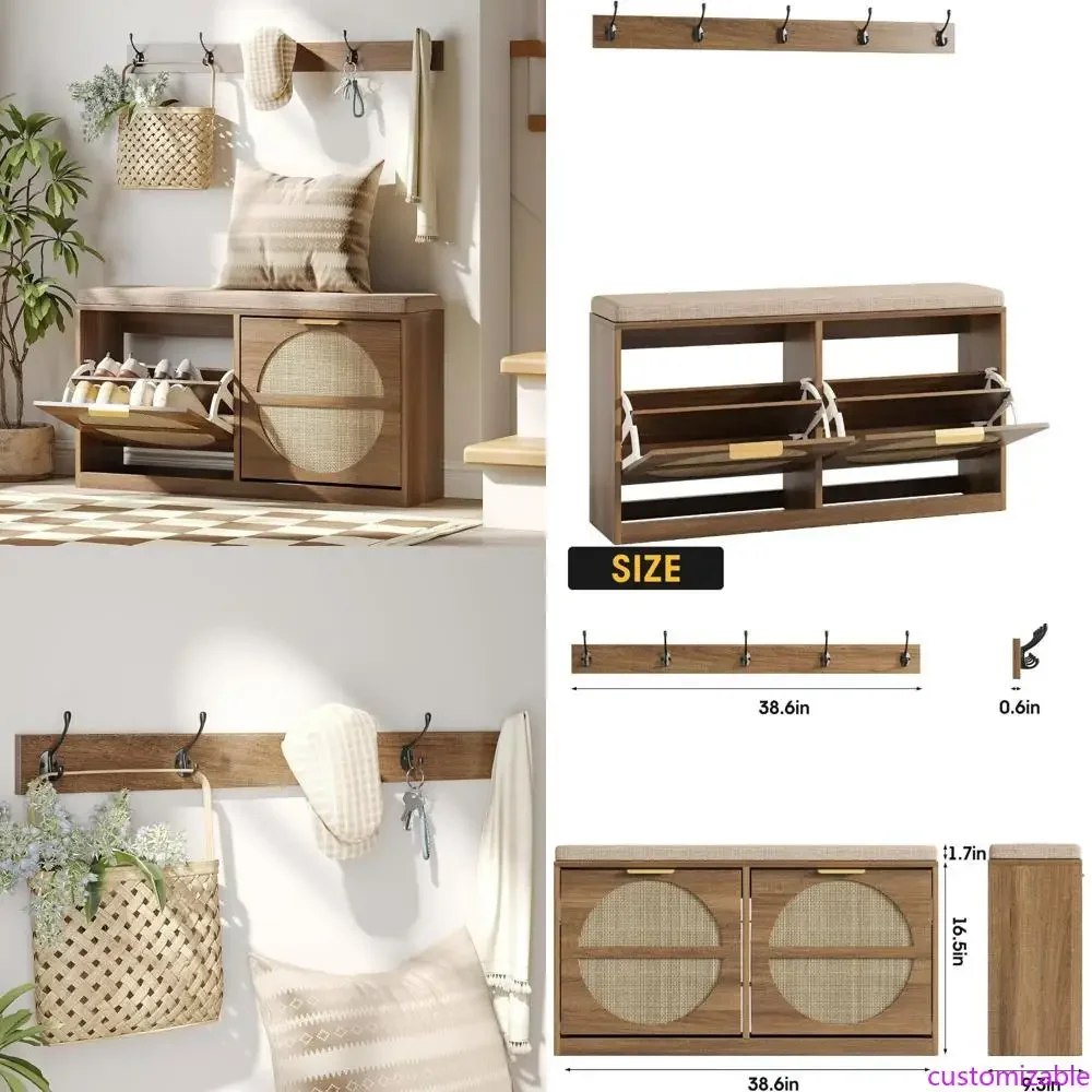 

Прихожая скамья-тумба из ротанга с подушкой, вешалкой для одежды, шкафом для обуви, выдвижными ящиками и узкой полкой для обуви - 5 прочных секций