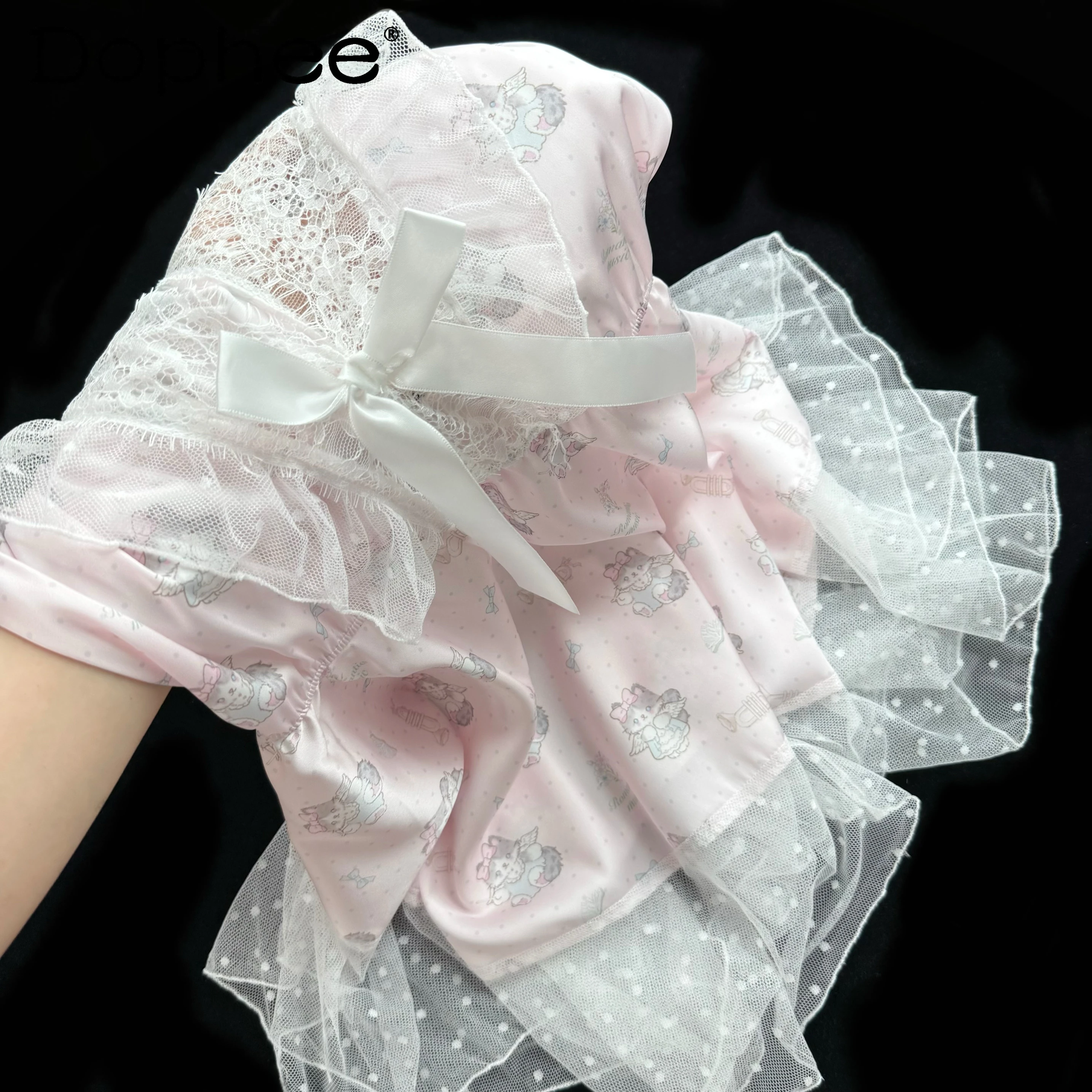 2025 Summer New Japanese Lace Suspender Nightdress Cute Sexy Cartoon Print Sweet Girl Cool and Breathable Loungewear Set