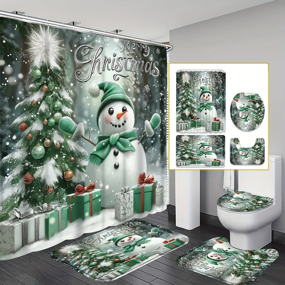 

Набор для душа с Рождеством из 4 предметов — забавный снеговик, зеленый, белый цвет, принт, 12 крючков, нескользящий коврик, U-образный чехол для сиденья, праздничный декор
