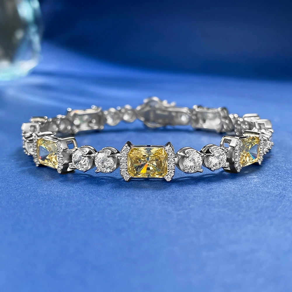 Wong Rain 925 Sterling Silver 6*8MM Crushed Ice Cut Lab Citrine Sapphire Gemstone Women Bracelets Fine Jewelry Anniversary Gift