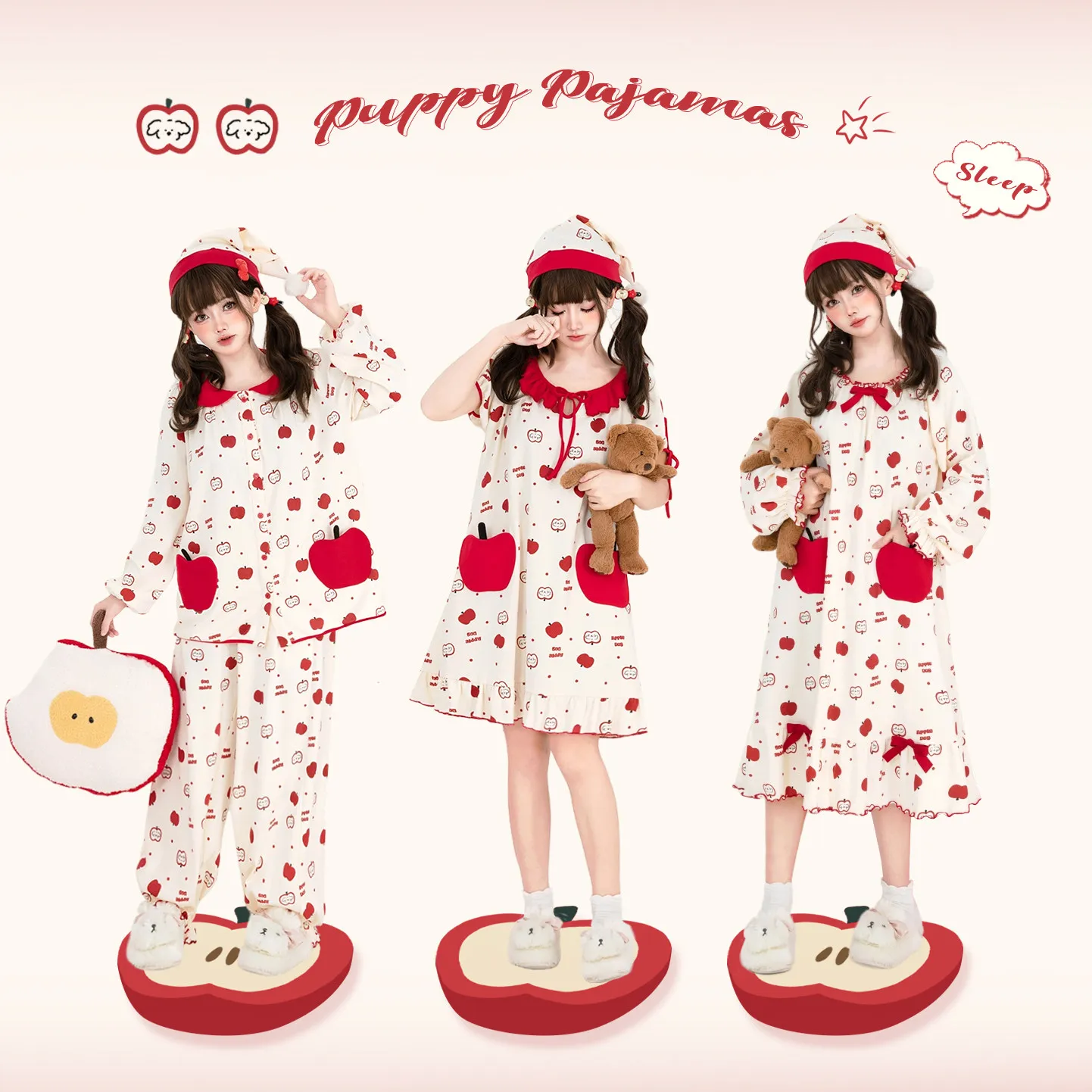 Pjamas for Women Girly Soft Cute Apple Print Doll Collar Pure Cotton Nightdress Pajama Set Homewear