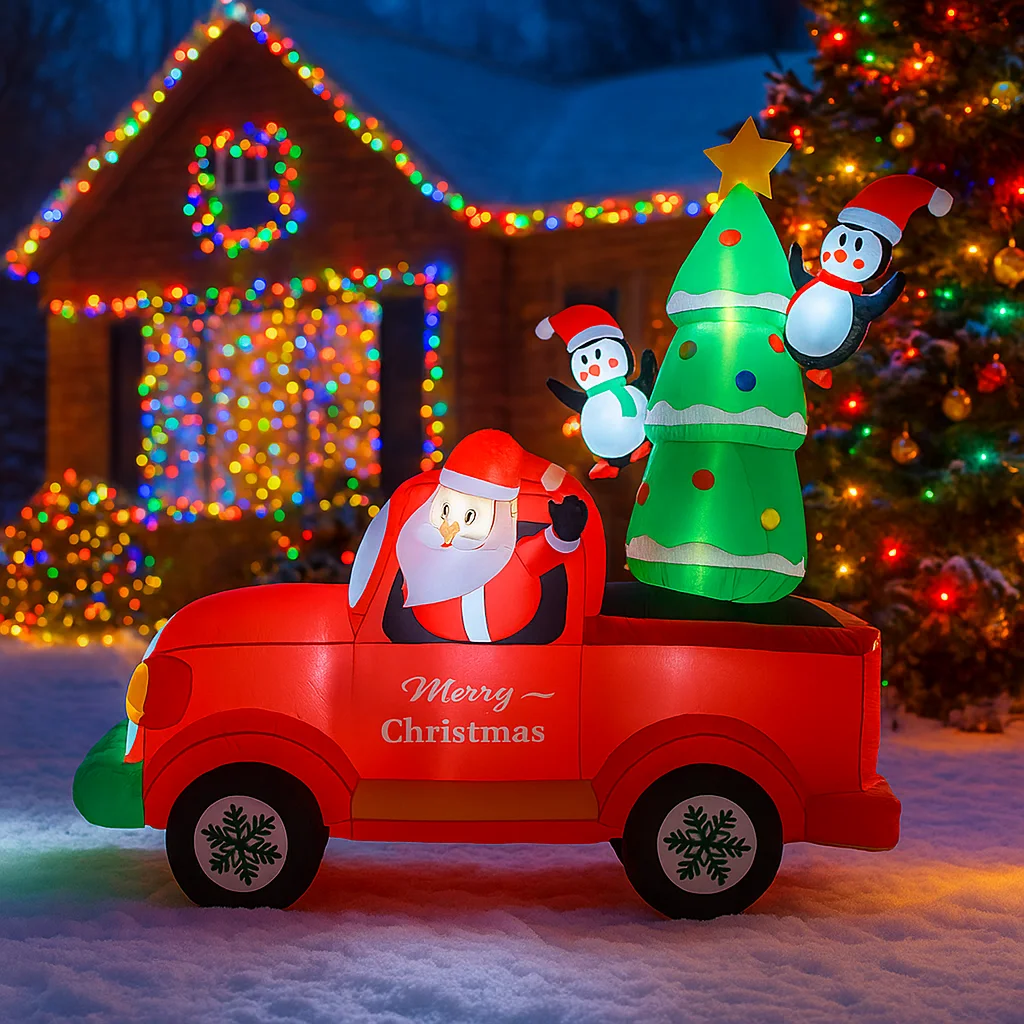 2.1M/6.8FT Inflatable Santa Claus Truck with Penguin Christmas Tree Lights LED Home Decor Toys Yard Xmas Holiday Lighting Decor