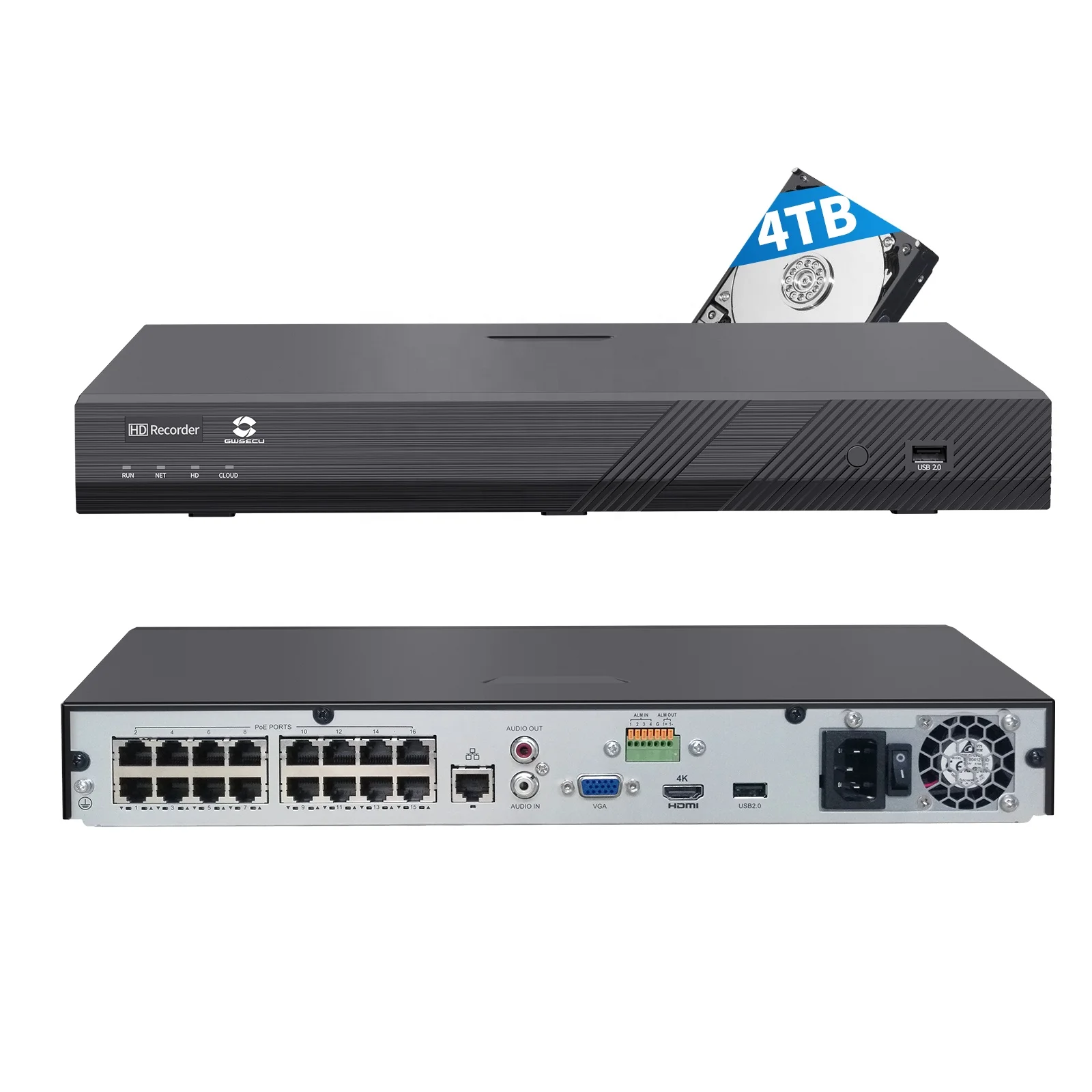 GWSECU 16CH 4TB 4K H.265 PoE NVR 4TB HDD AI Face Detection Tripwire Intrusion Remote Access 2SATA 20TB PoE Nvr 16 Channel 4K