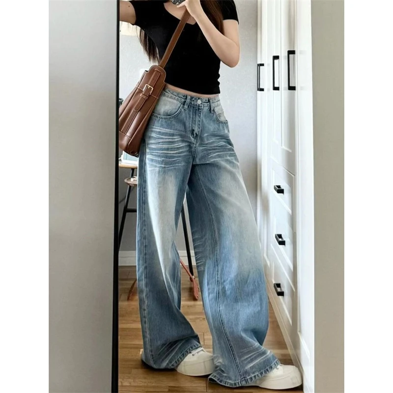 

Women's Moustache Effect Wide Leg Blue Jeans Cool Girl Personalized Trousers Casual Bottoms Female Cowboy Baggy Street Pants