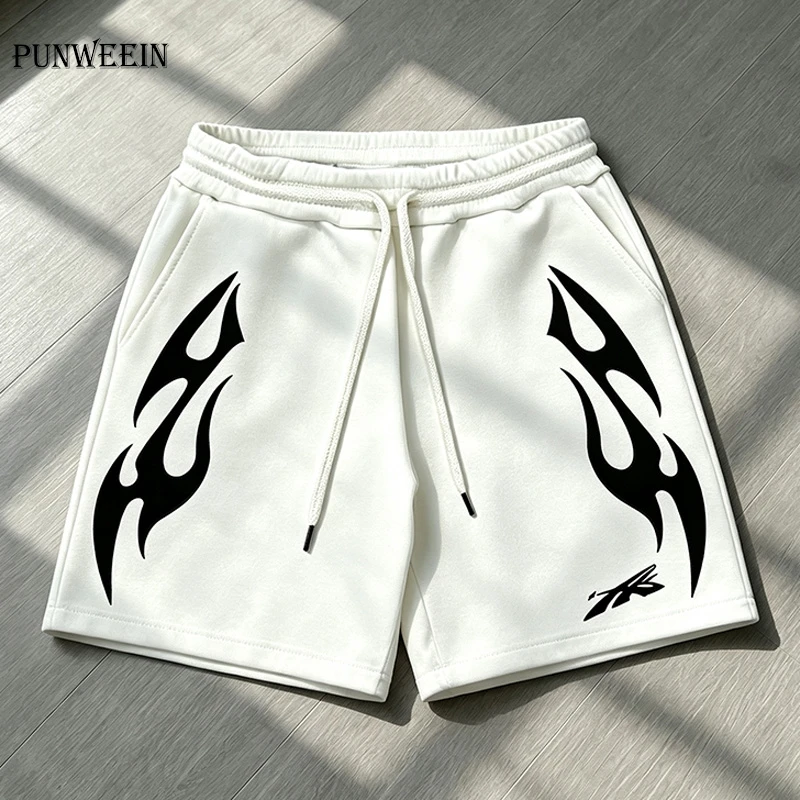 American Style Flame Printed Sports Shorts Y2K Punk Street Trend Loose Drawstring Stretchy Waist Pants Summer Casual Active Wear
