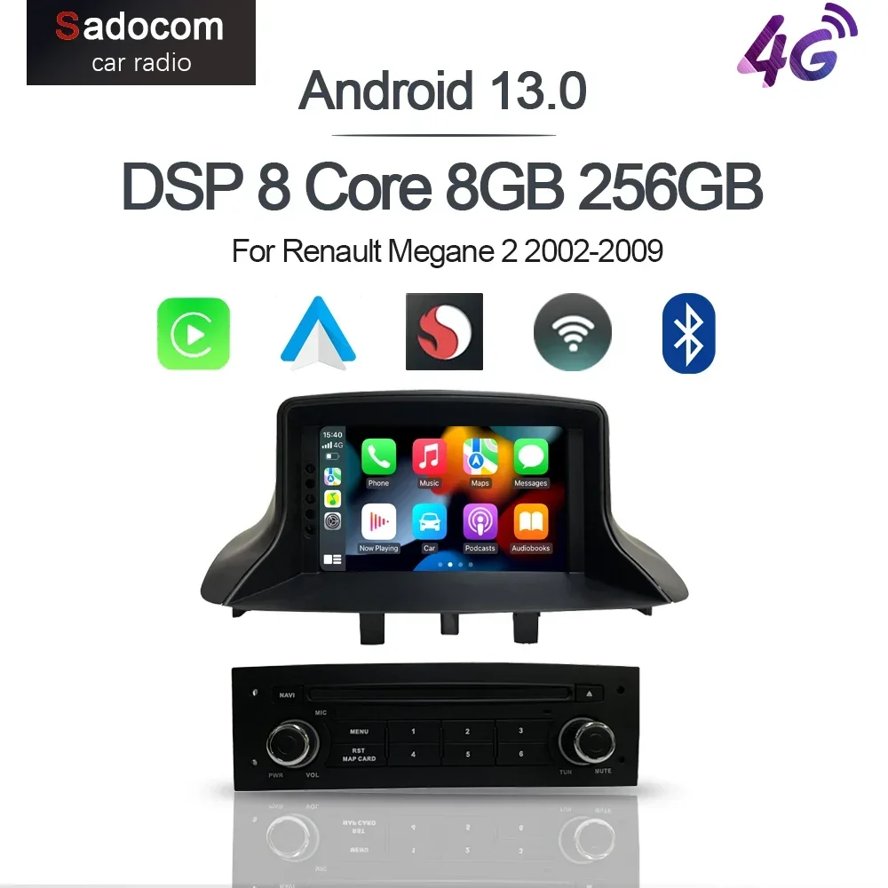 Qualcomm Carplay Android 13.0 8G+256G 8Core GPS Car Android Player Wifi multimedia navigation For Renault Megane 2 2002-2009