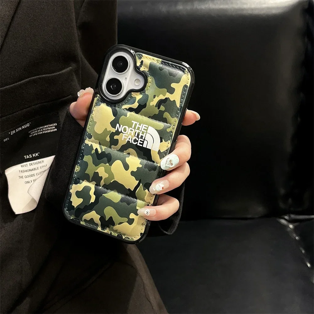 Fashion Puffer Matte Down Jacket Phone Case For iPhone 15 14 13 12 11 16 Pro Max Plus Camouflage Skin Feeling Soft Back Cover