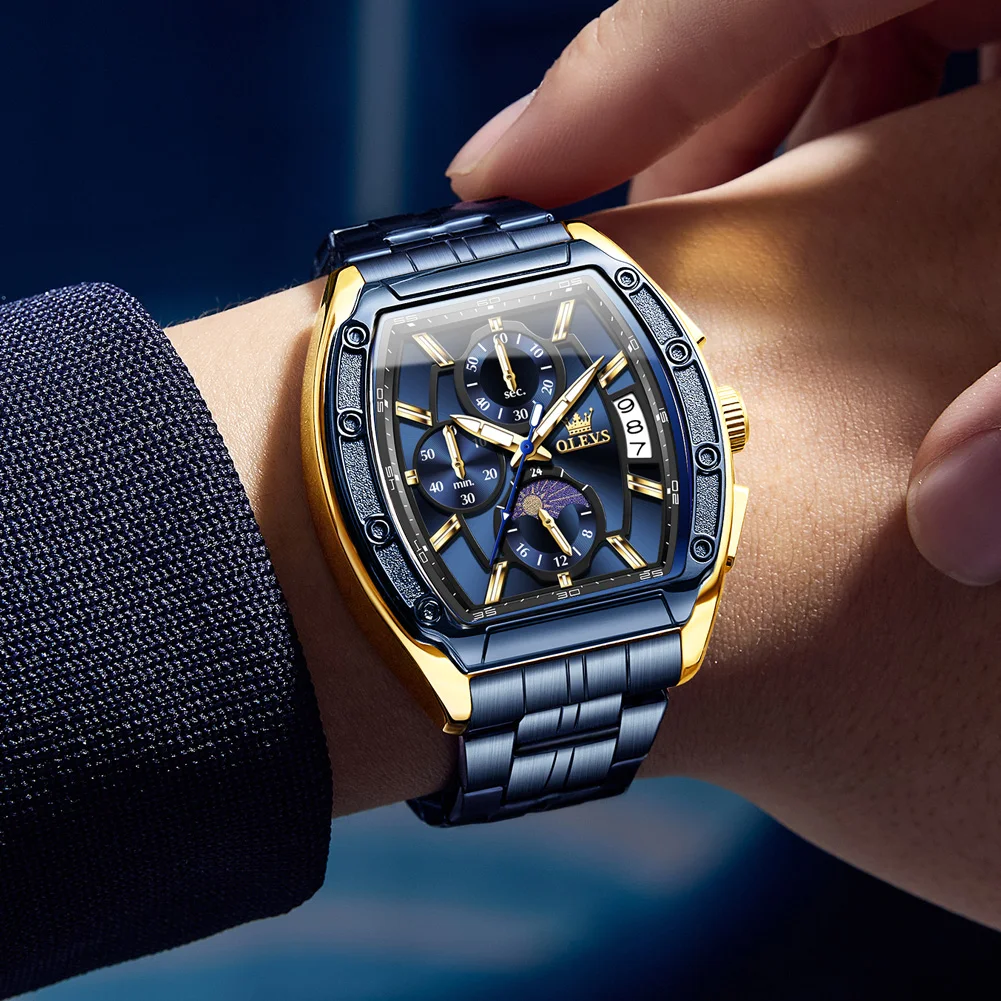 

OLEVS мужские кварцевые наручные часы с хронографом и фазой Луны для мужчин, повседневные спортивные синие водонепроницаемые мужские часы из нержавеющей стали Relogio