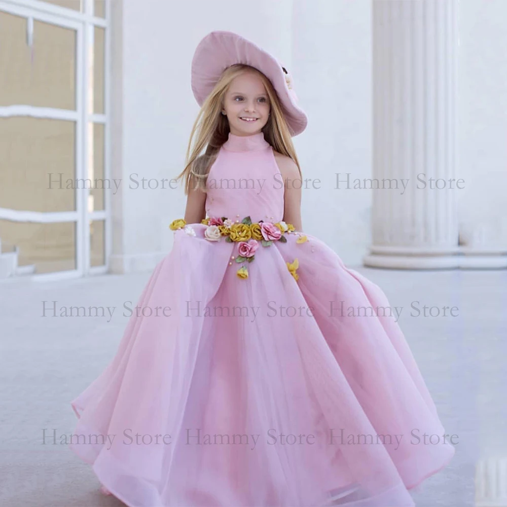 Vestidos de flores rosas para niña, cuello alto sin mangas, vestido de baile largo hasta el suelo, fiesta de desfile de bebé para cumpleaños