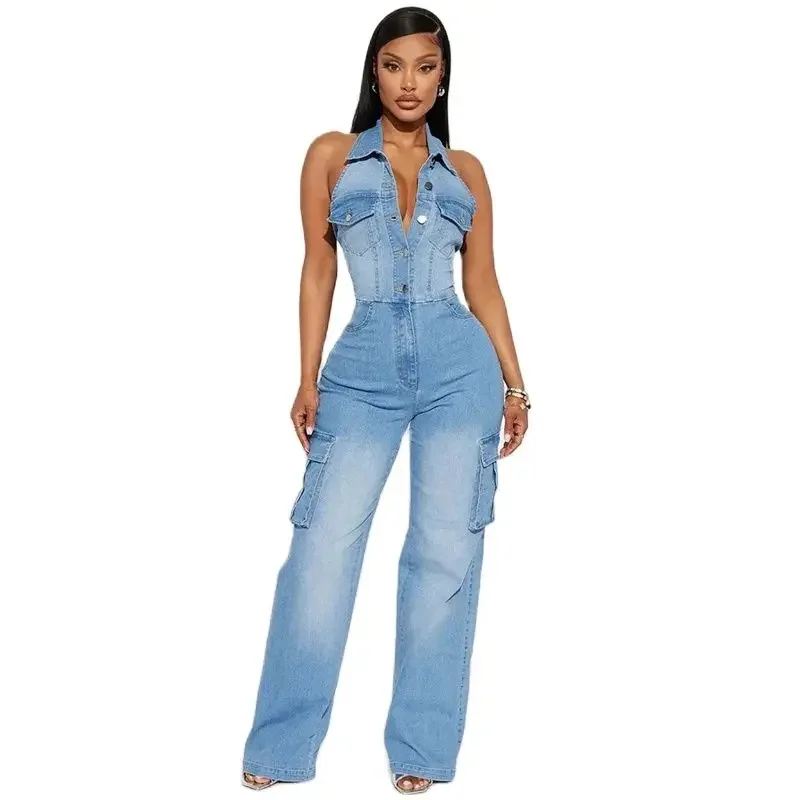 Fashion Lapel Sleeveless Backless Denim Jumpsuit Women Straight Jeans Rompers Female Slim Fit One-piece Pants Casual Streetwear