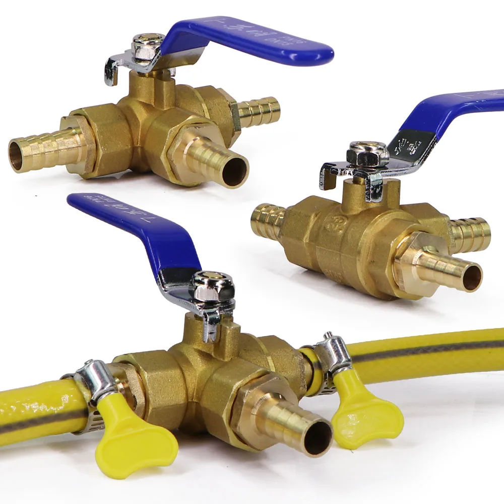 Brass Tee Ball Valve Adapter 6-25mm Pagoda Barb Connector Full Port/T-Port/L-Port Multifunctional Switch for Water Oil Air Gas