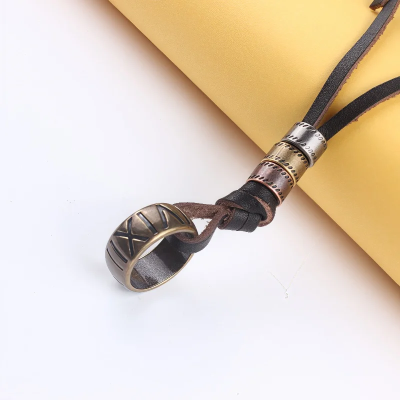 Man Necklace Personality Fashion Alloy Ring Roman Numeral Pendant Vintage Punk Leather Necklace for Men Hand-woven Necklace Gift - Image 4