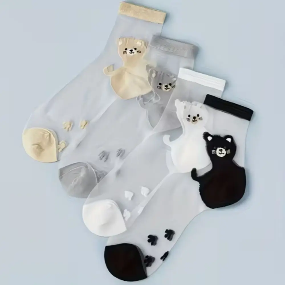 5Pairs Transparent Cat Crystal Silk Sock Non-Slip Breathable Nylon Ultra-thin Socks Basic Patchwork Tube Socks for Women Female