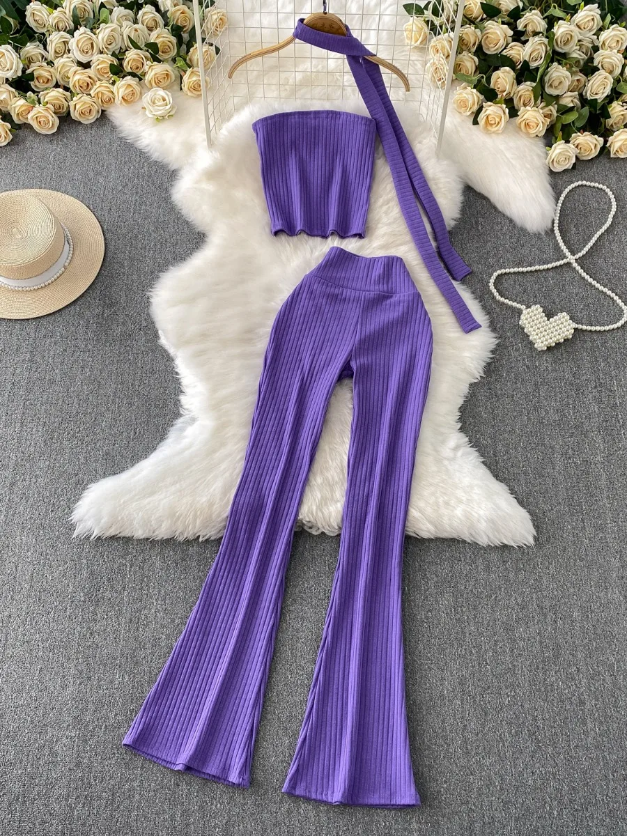 Foamlina Y2Kแฟชั่นStreetถักHalter Strapless Crop Top & เอวสูงSlimming Flareกางเกงชุด2ชิ้น2025ฤดูร้อนใหม่