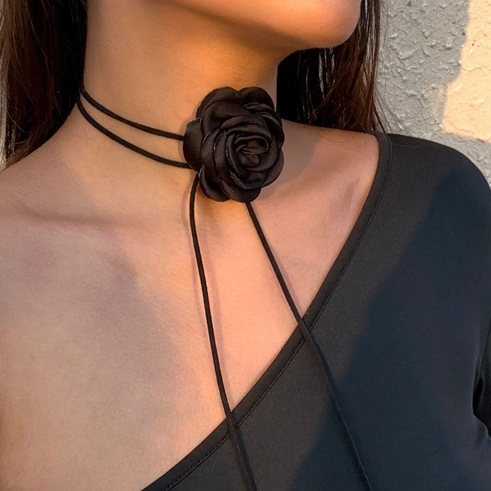 Collar de cadena de clavícula con flor de rosa grande gótica romántica para mujer, gargantilla de cuerda ajustable de moda coreana, accesorios Y2K