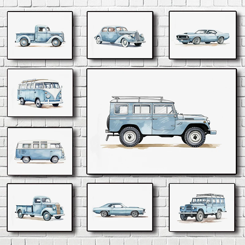 Classic Light Blue Car Vehicle Watercolor Art Retro Posters Prints Canvas Painting Wall Art Picture Living Room Home Decor