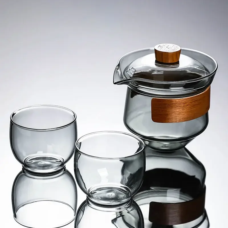 

Chinese Kung Fu Tea Set, Clear Glass Gaiwan and Cups, Anti-scald Tureen, Hand Grip Pot, Household Teaware, Lid with Filter Holes