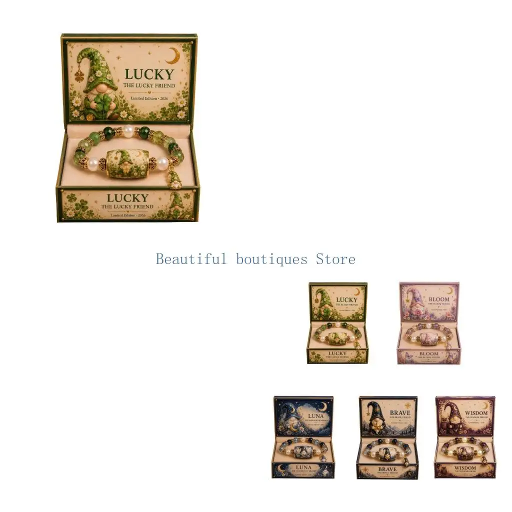 U4LF Decorative Beaded Charm Bracelet Set, Fantasy Gnome Centerpiece, Elastic Slip-On Jewelry with Coordinated Printed Box