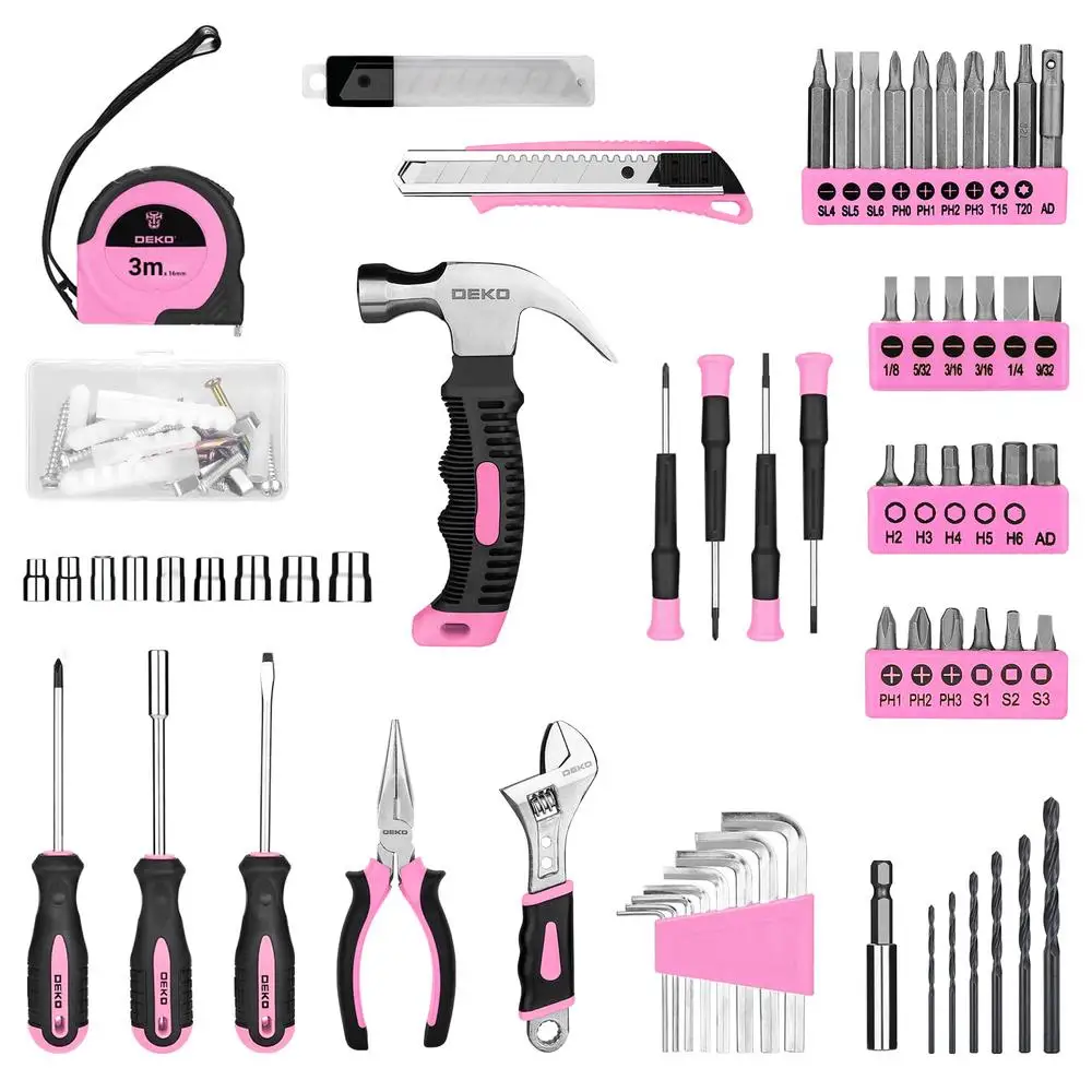 Cordless Drill Set 8V Pink Alloy Steel Home Tool Kit 126 Piece Women Hand Tool Kits Drill Combo Kit Mini Drill Set Led Light